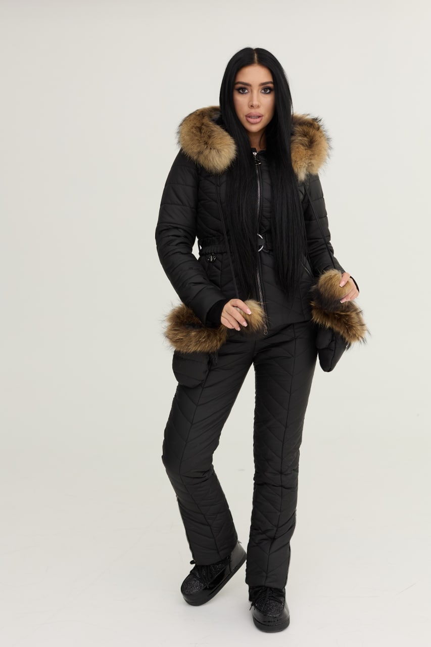 Person wearing a black winter coat with fur trim on a white background
