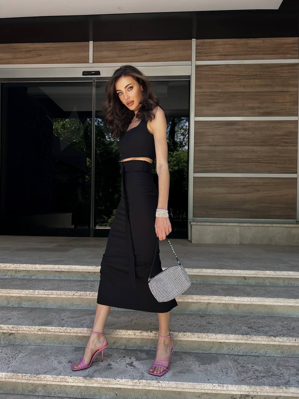 Women Pencil Skirt and Top Set Diagonal Crepe Black