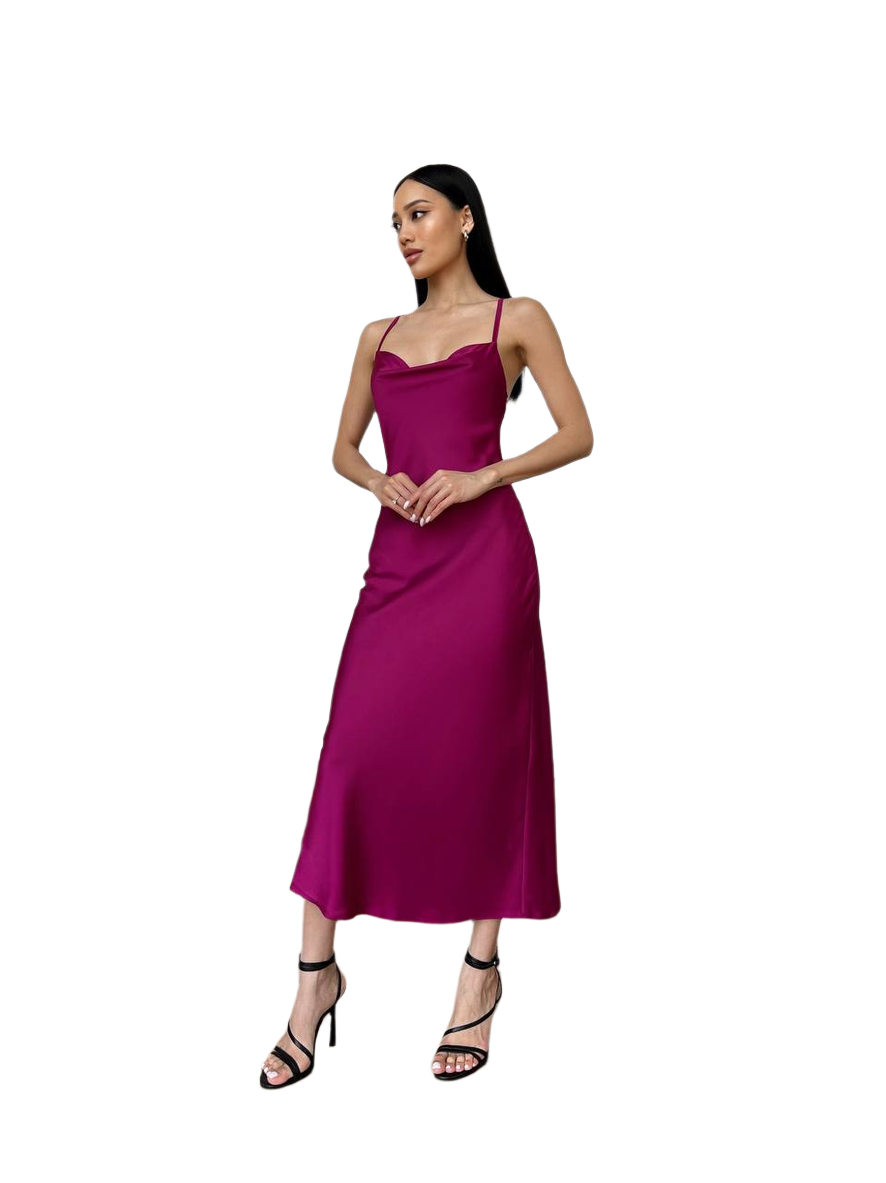Woman wearing a magenta dress on a white background