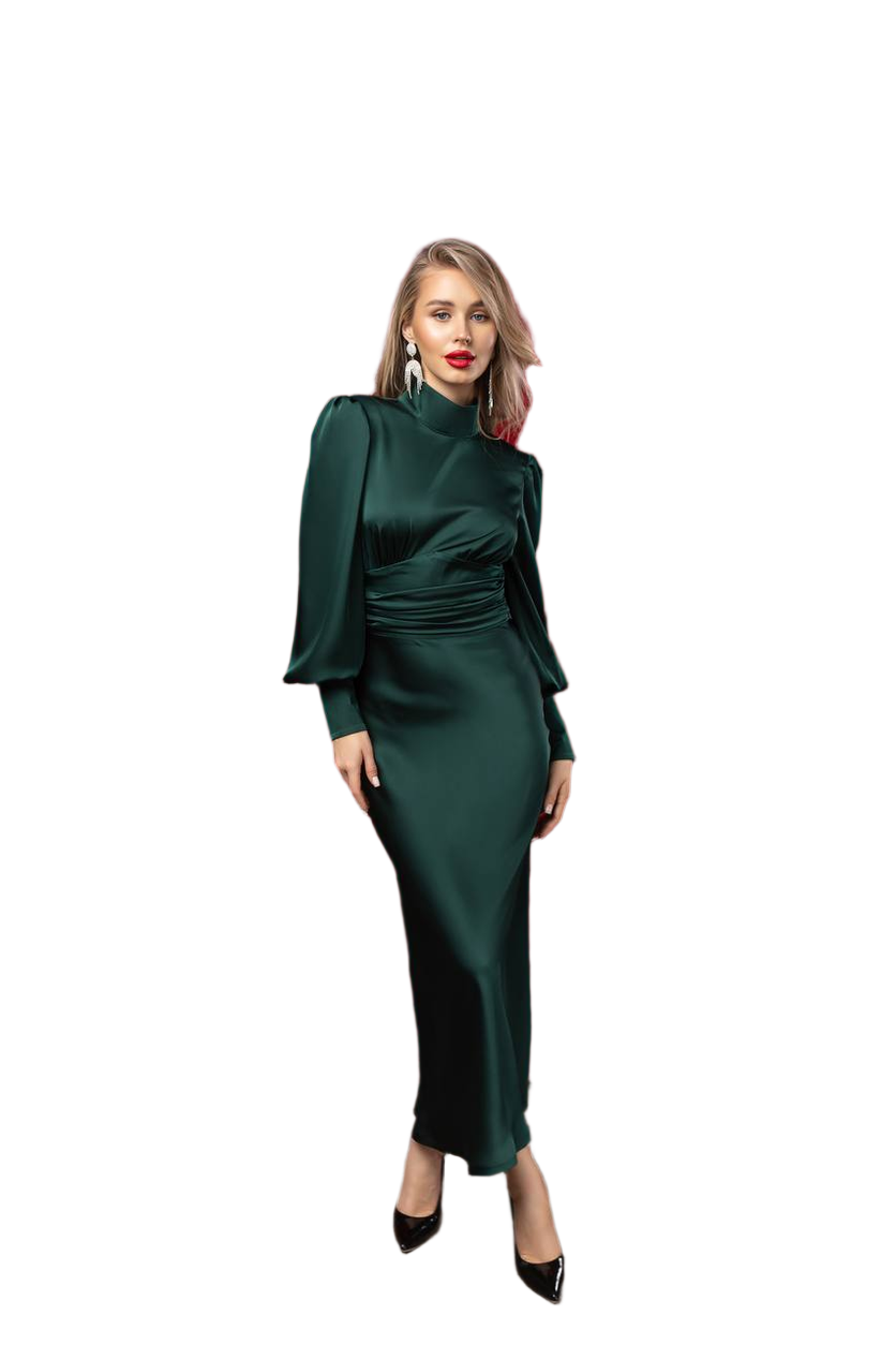 Woman wearing a green dress on a white background
