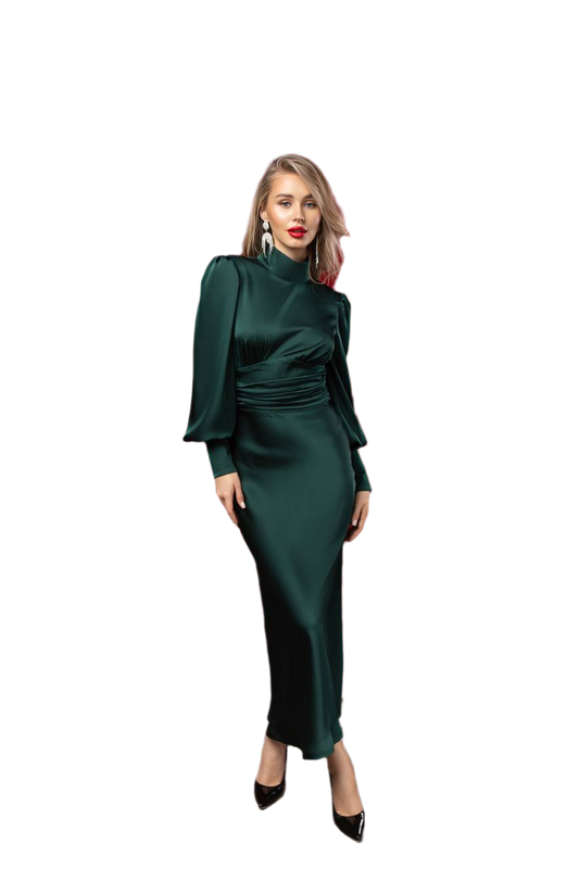 Woman wearing a green dress on a white background