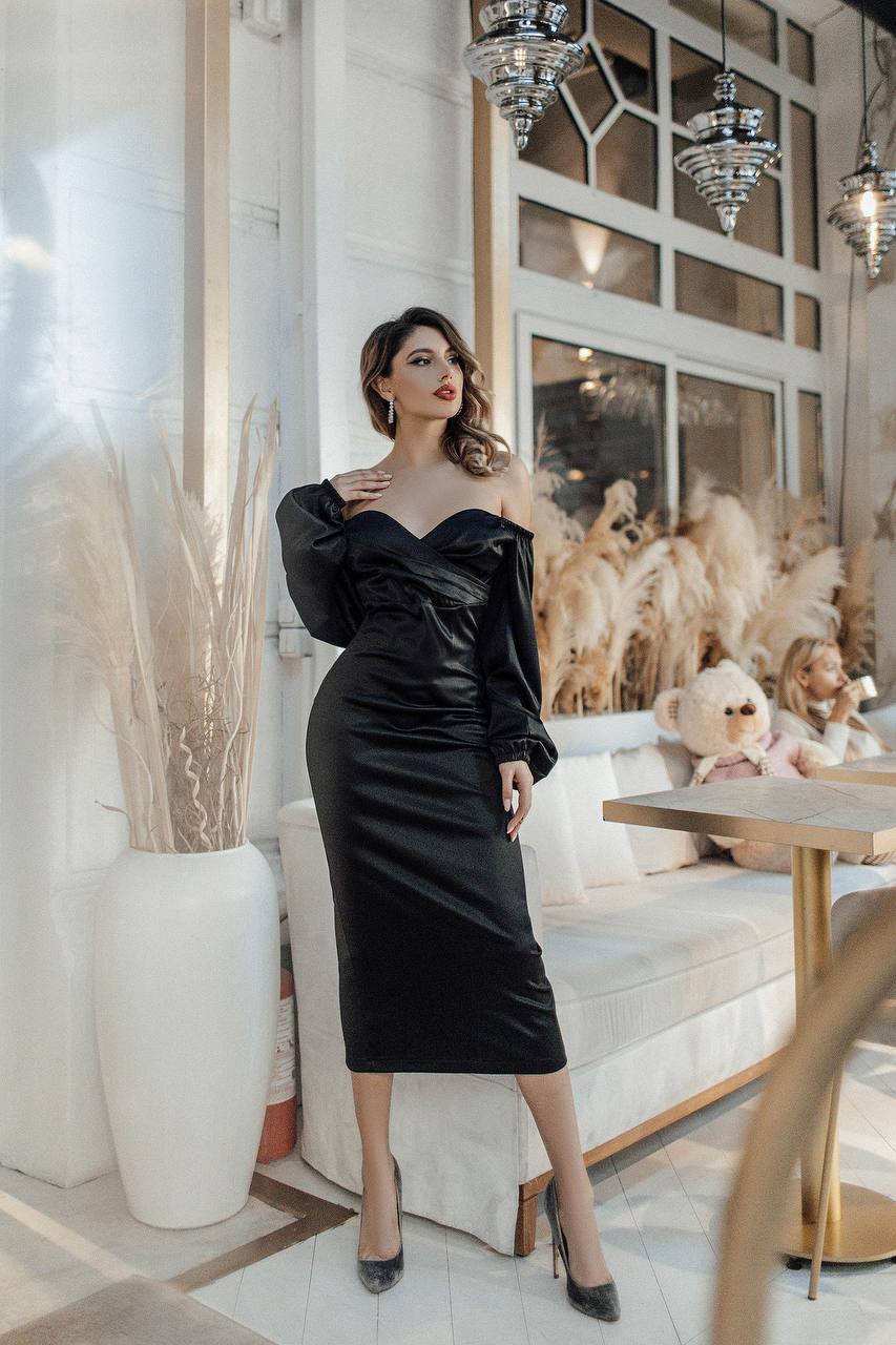 Elegant Off Shoulder Midi Dress in Mango Satin