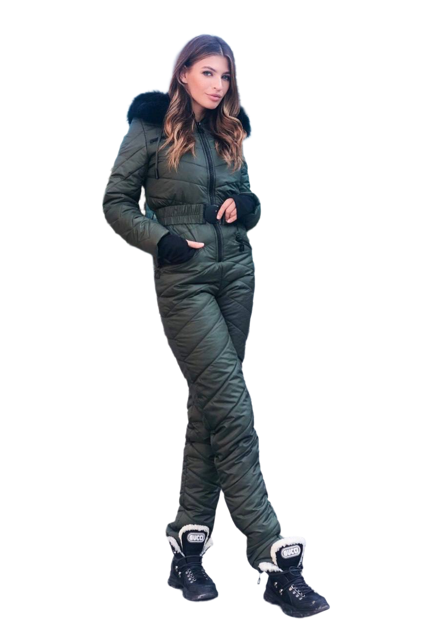 Insulated Women's Ski Jumpsuit with Natural Fox Fur Hood in Olive Green