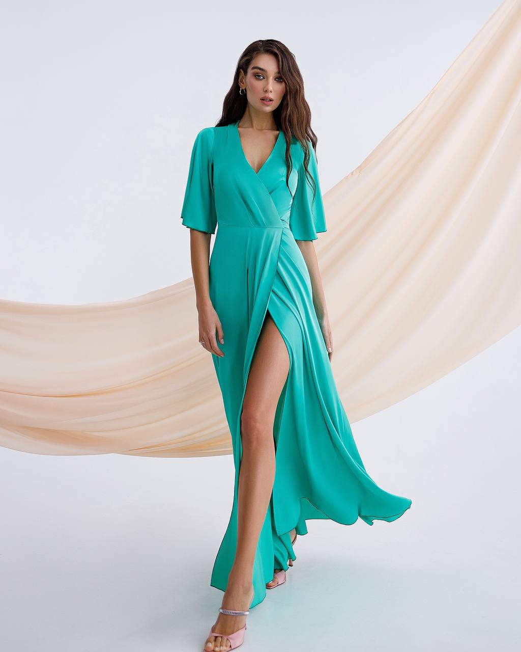 Elegant Long Sleeve Silk Dress with Pockets in Green, Beige, or Graphite for Special Occasions
