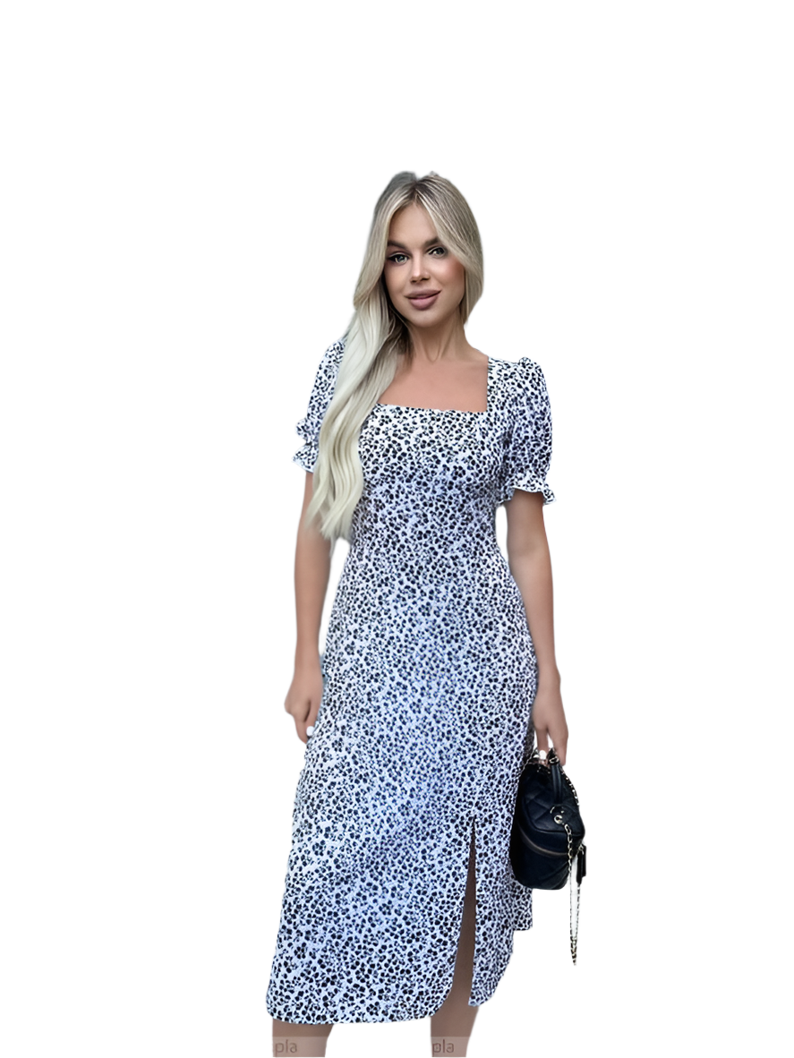 Light Soft Floral Summer Dress with Square Neck and Side Slit