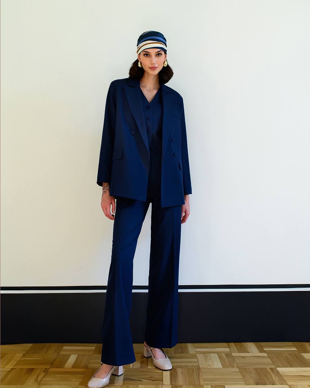 Womens Premium Navy Blue Three Piece Suit Blazer Vest Trousers