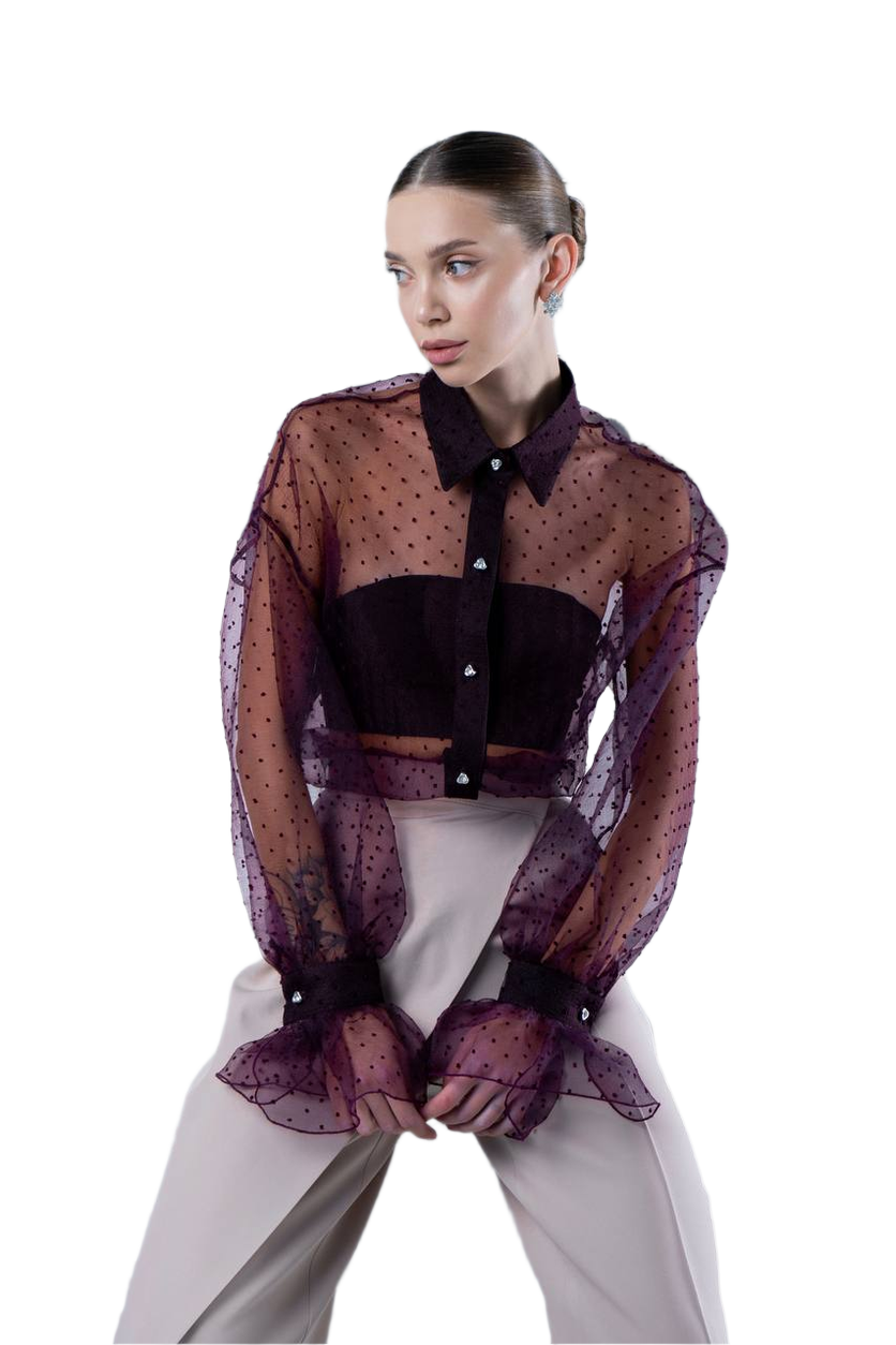 Elegant Purple Organza Women's Shirt Sheer Polka Dot Design