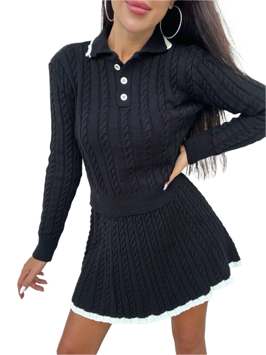 Womens Black Knitted Suit Two Piece Top and Skirt Set
