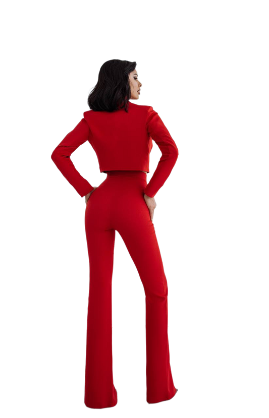 Person wearing a red outfit on a white background