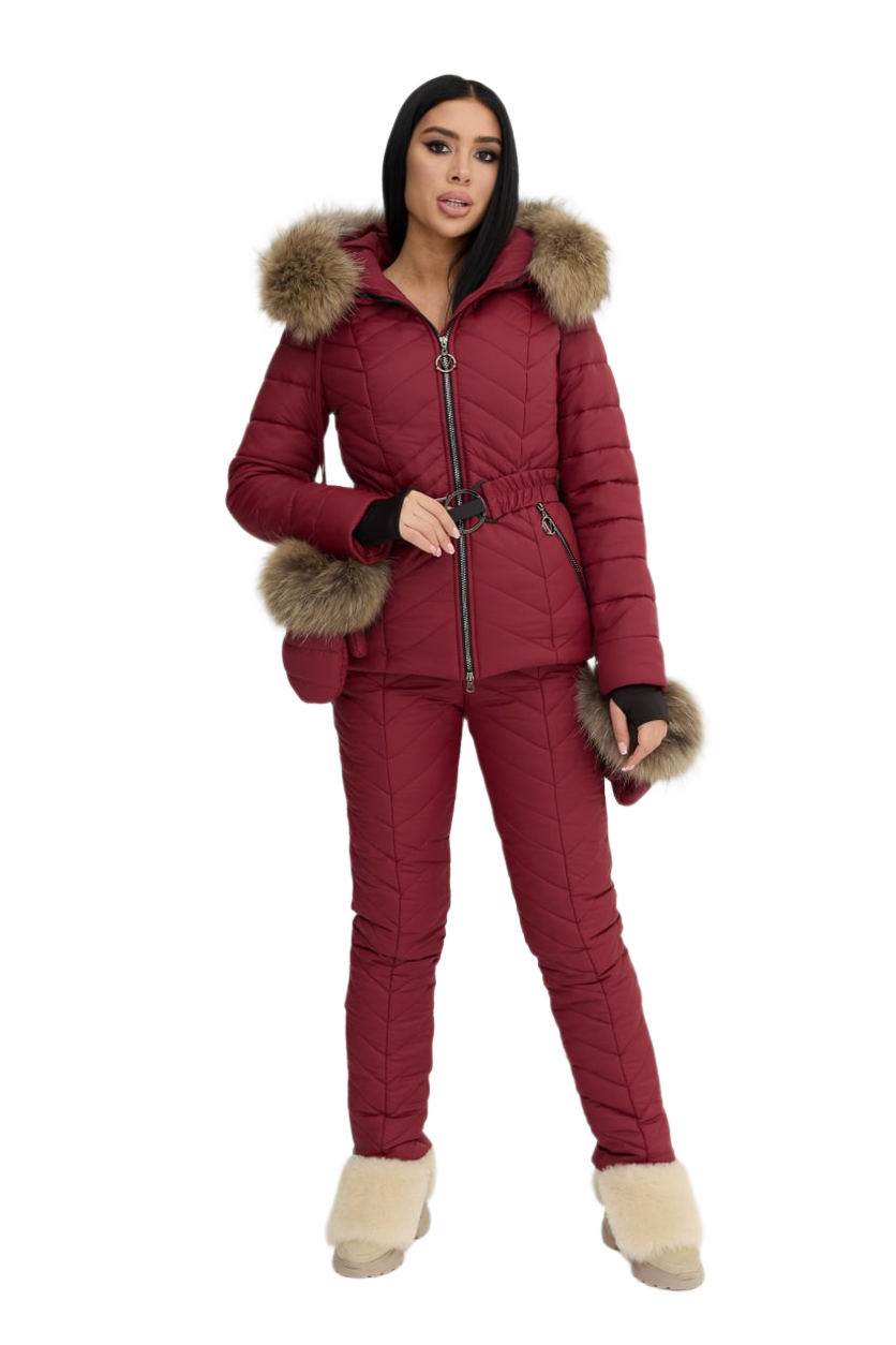 Womens Burgundy Winter Warm Ski Suit with Siliconized Fiber and Natural Raccoon Fur