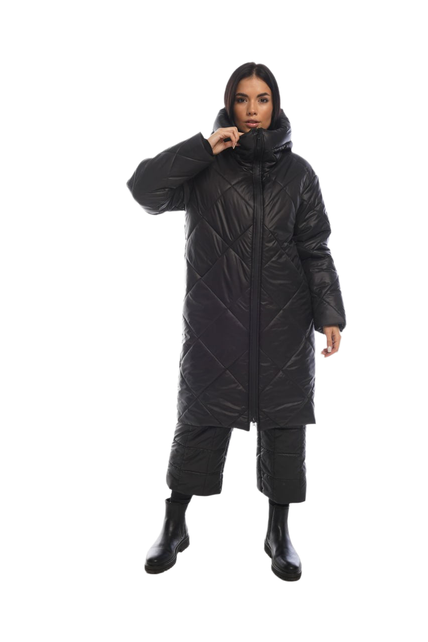 Black Quilted Winter Warm Suit Water Repellent Coat and Cropped Pants