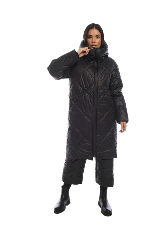 Black Quilted Winter Warm Suit Water Repellent Coat and Cropped Pants