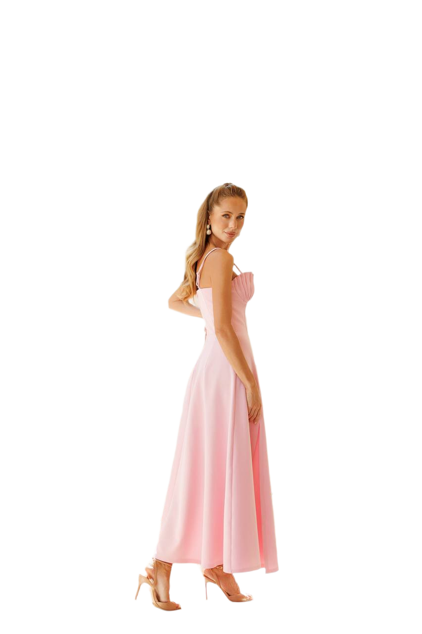 Woman wearing a pink dress on a white background