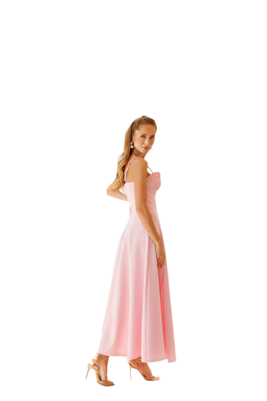 Woman wearing a pink dress on a white background