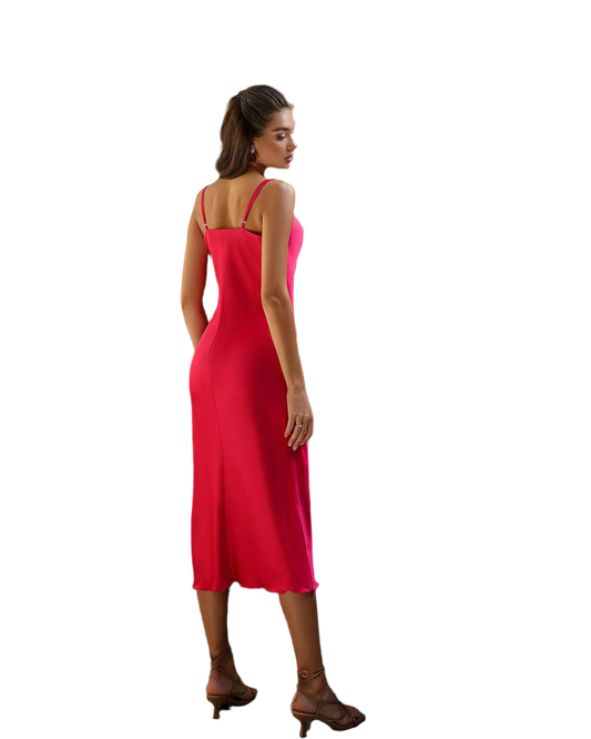 Woman wearing a red dress on a white background