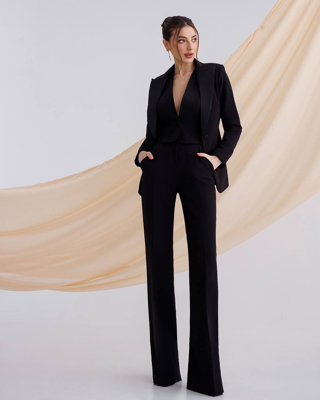 Womens Premium Diagonal Crepe Suit with Satin Collar