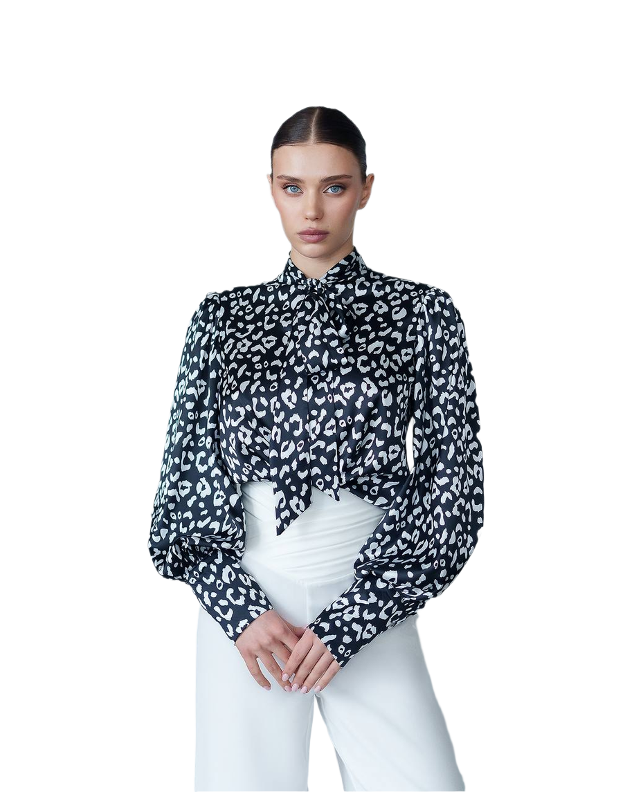 Womens Satin Printed Blouse with Tie Neck in Black White Leo