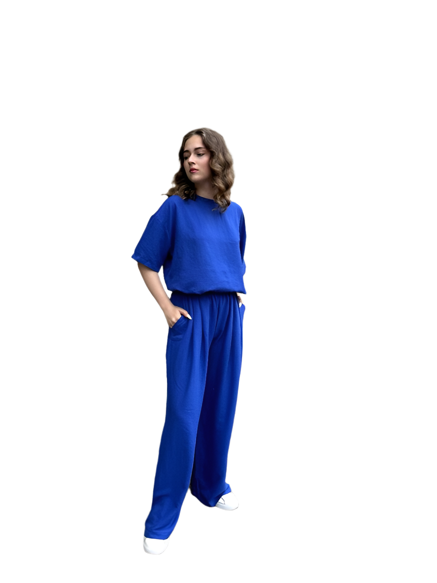 Womens Stylish Blue Wide Leg Culottes and Loose Fit Top Set