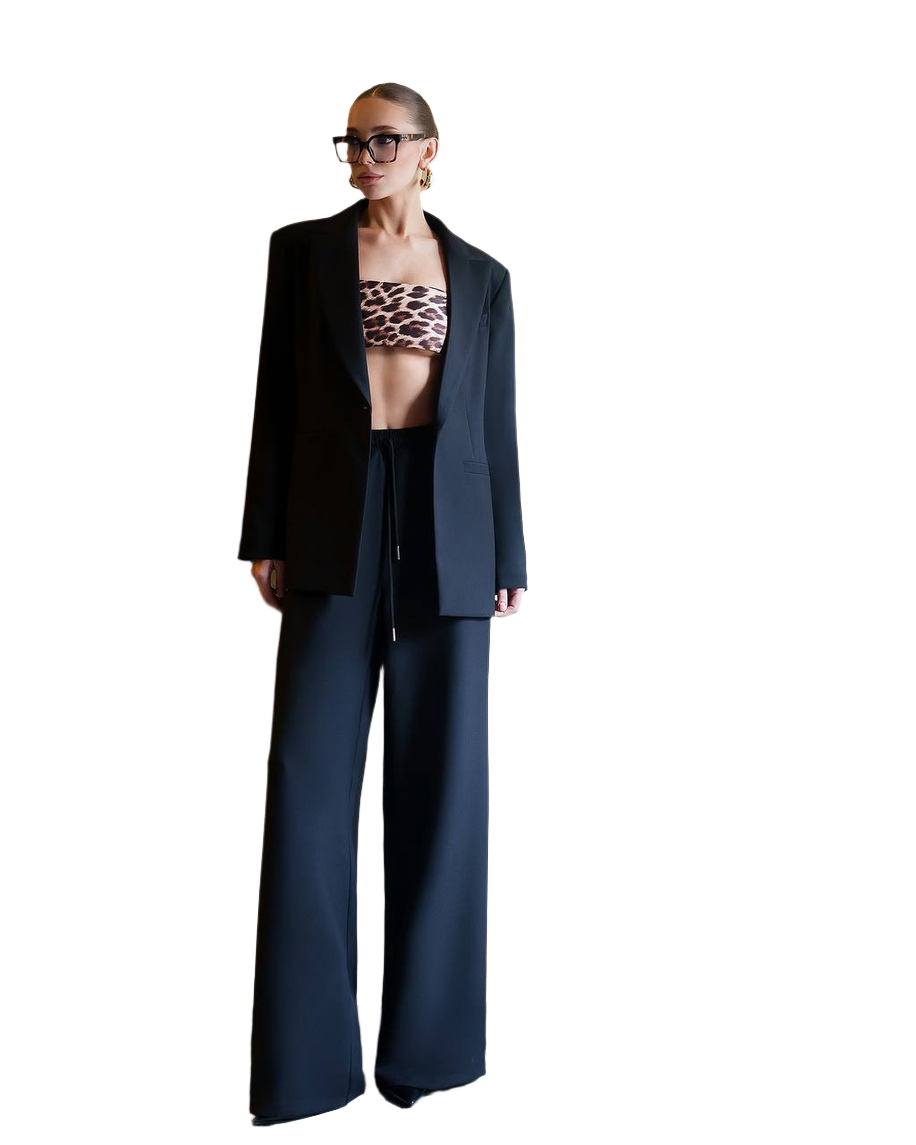 Black Womens Wide Leg Trouser Suit with Blazer Premium Viscose Blend