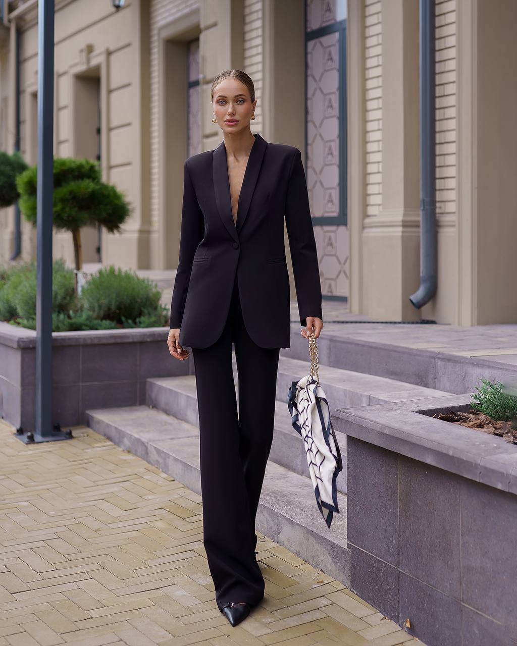 Womens Black Suit with Lined Blazer and Flared Pants