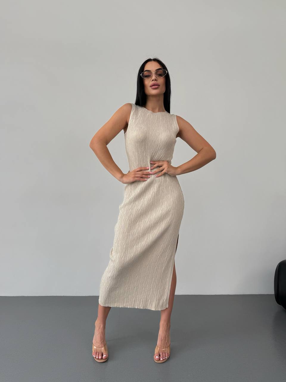 Sleeveless Beige Textured Midi Dress with Side Slit for Women