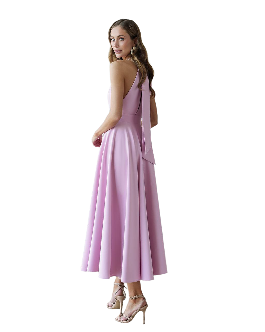 Woman wearing a pink dress on a white background