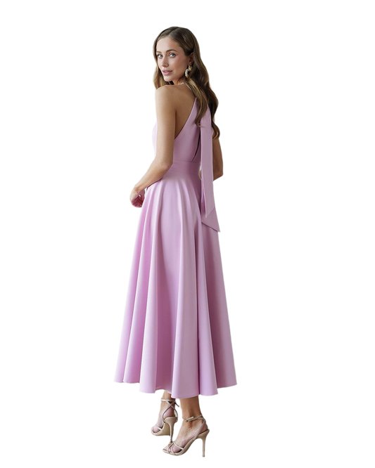 Woman wearing a pink dress on a white background