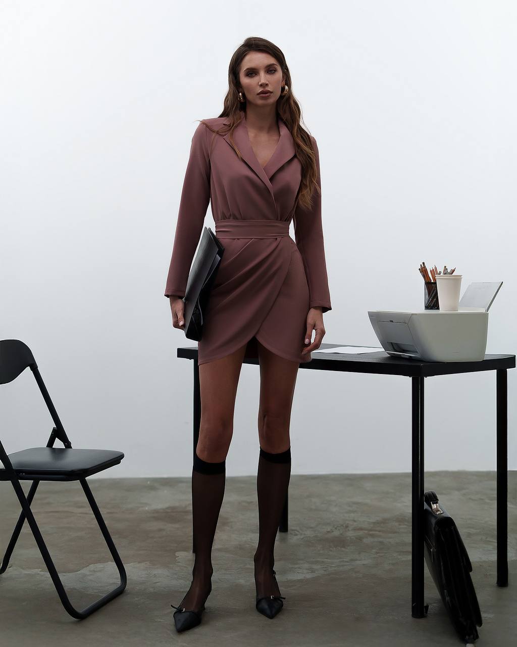 Elegant Women's Suit Crepe Diagonal Dress with Waist Tie