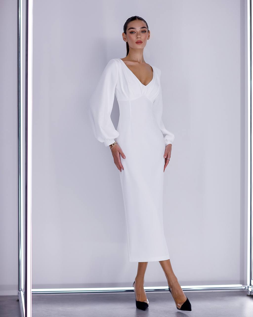 Elegant White Midi Dress for Women in Premium Suiting Crepe Fabric