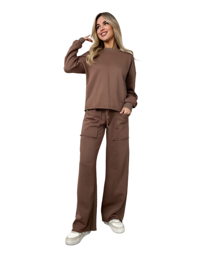 Casual Brown Sweatshirt and High-Waisted Pants Set