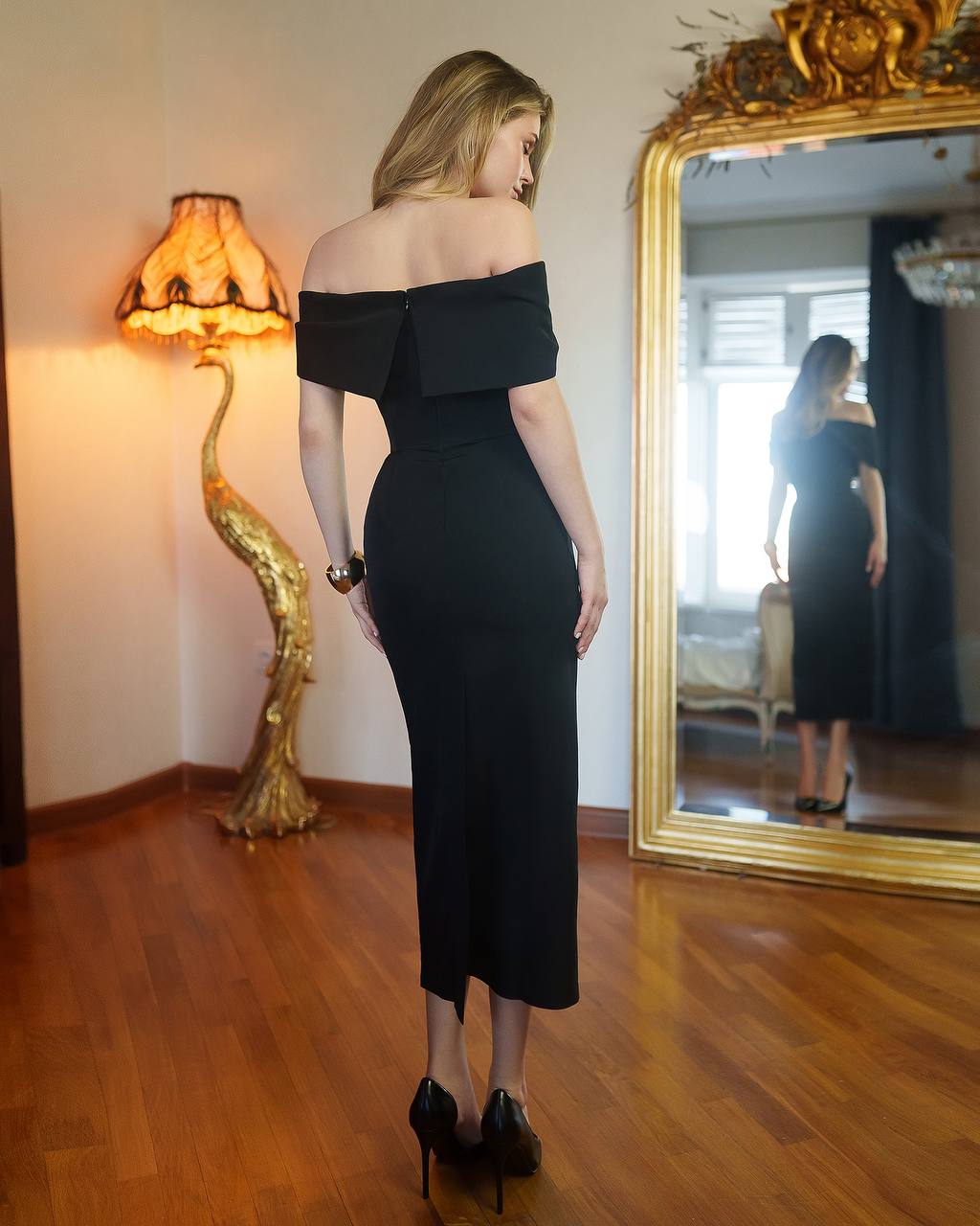 Elegant Off-Shoulder Black Midi Dress with Corset Detail