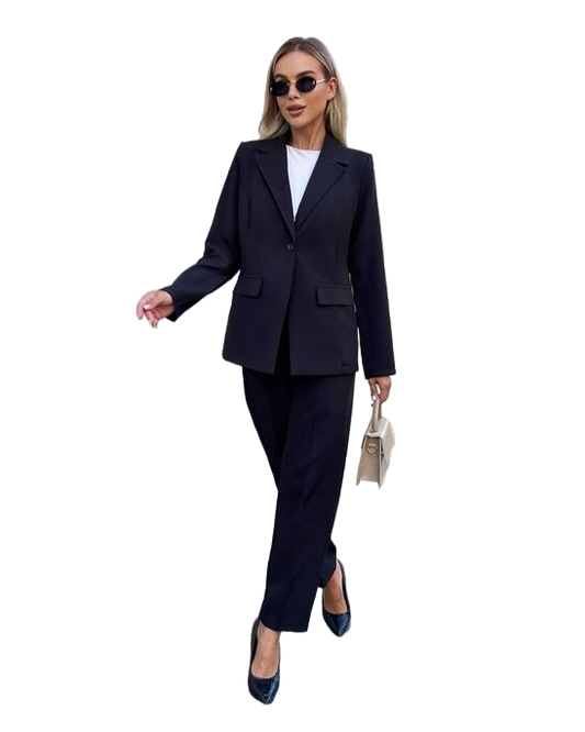 Stylish Black Two-Piece Women's Suit with Shoulder Pads