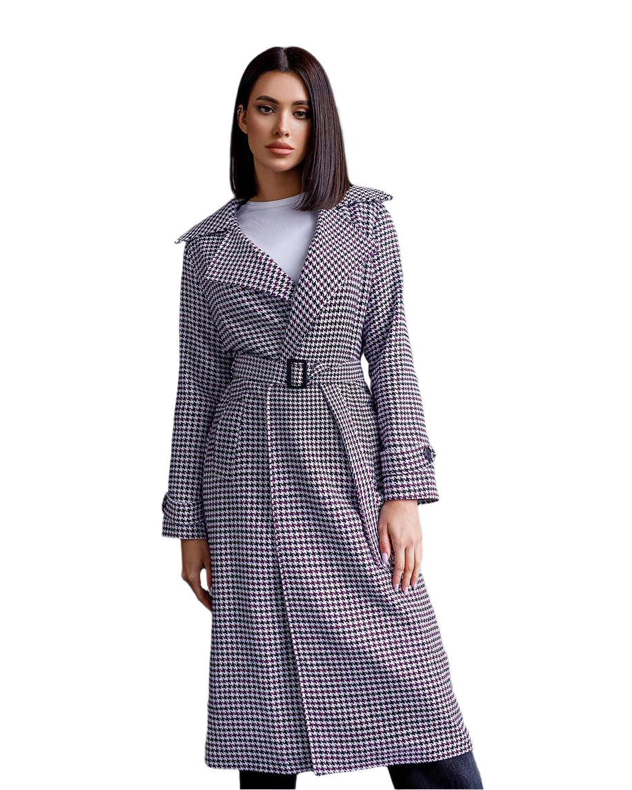 Womens Turkish Fabric Houndstooth Pattern Coat Long Trench Style Belted