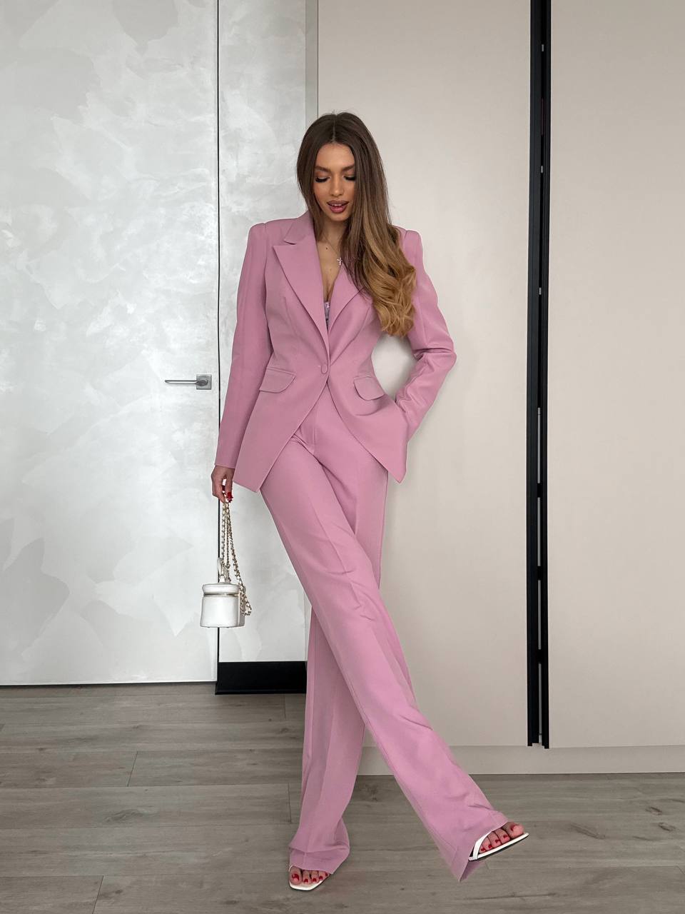 Womens Premium Crepe Diagonale Suit Blazer and Pants in Pink Black Red Blue and Milk