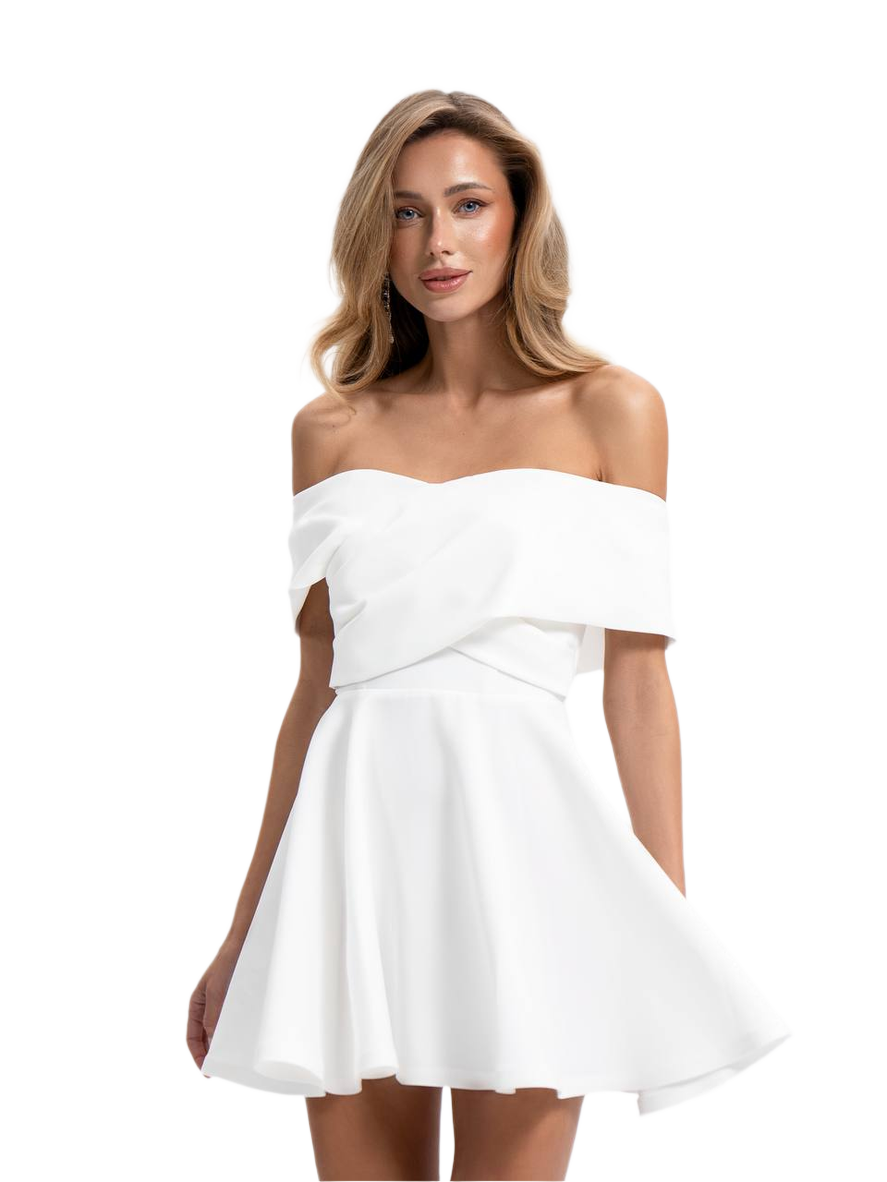 White Off Shoulder Short Dress in Diagonal Crepe Fabric