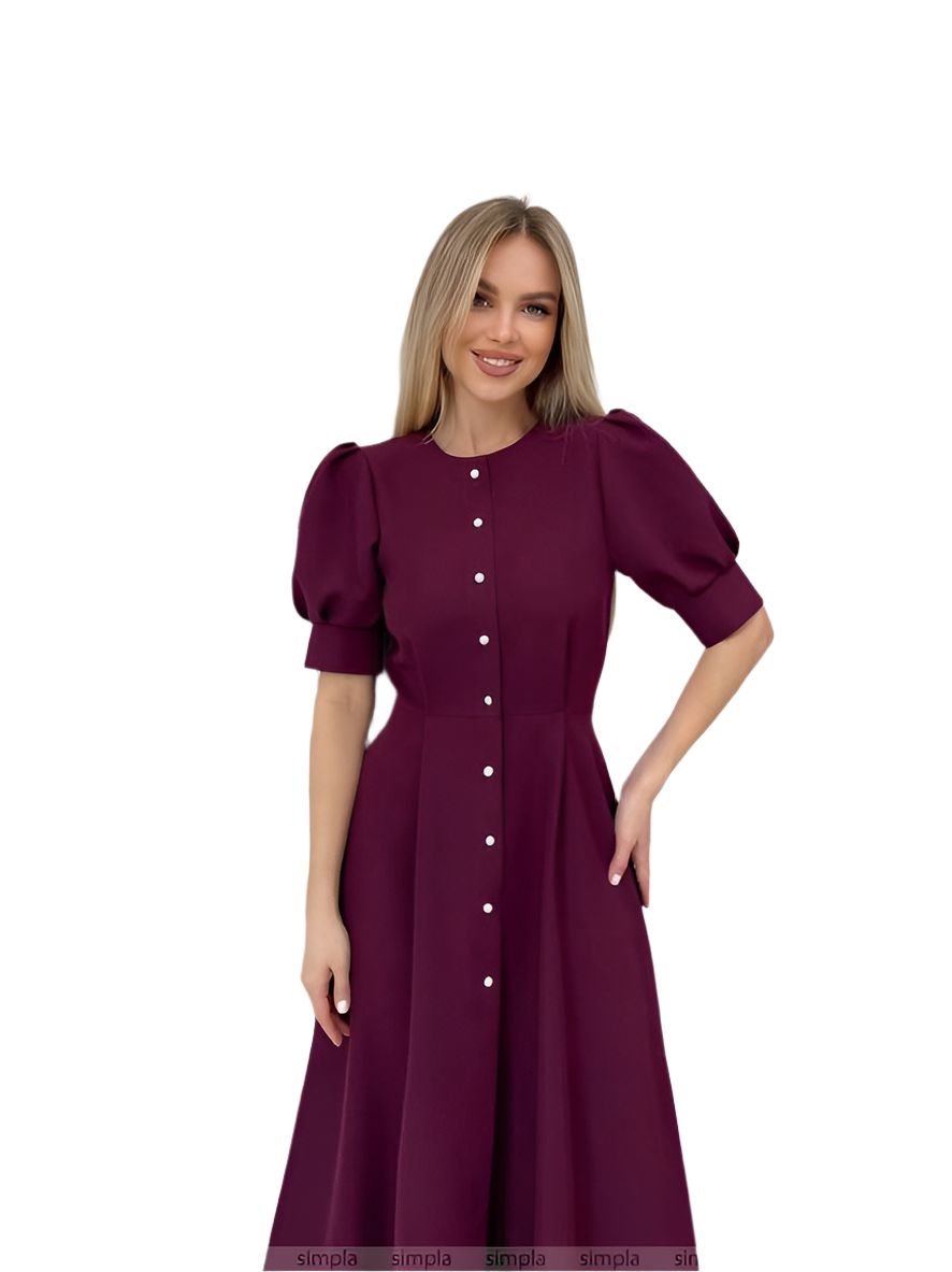 Elegant Burgundy Midi Dress with Puff Sleeves and Button Front