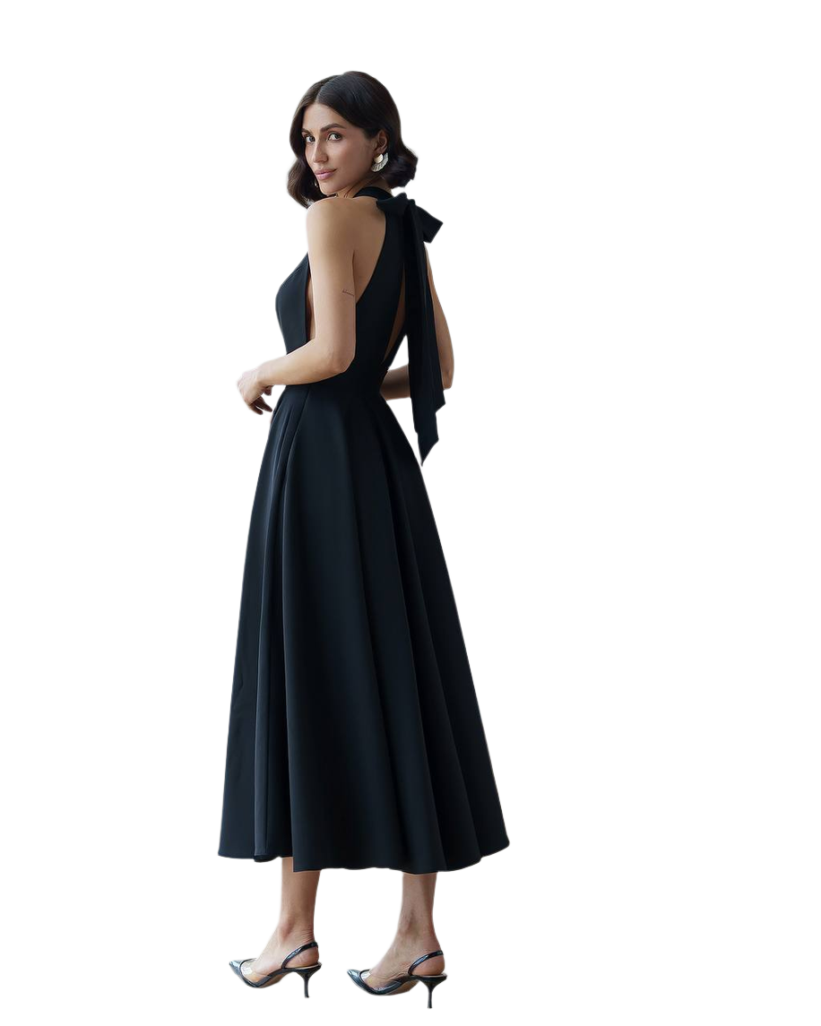 Woman wearing a black dress with a bow detail on a white background