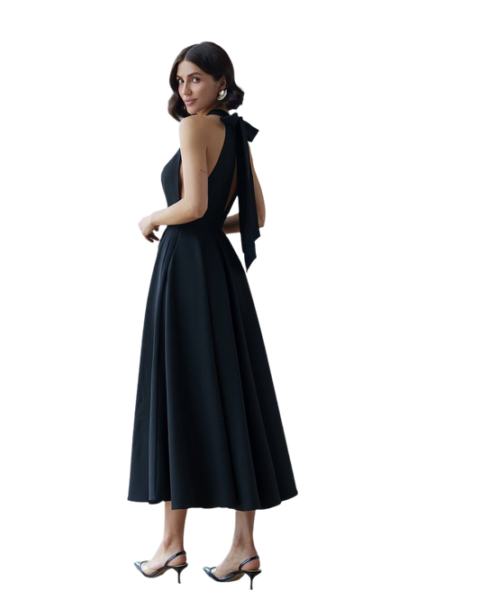 Woman wearing a black dress with a bow detail on a white background