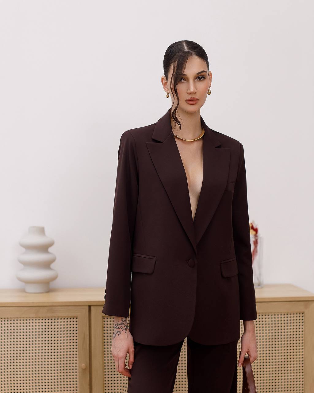 Womens Double Suit Premium Diagonal Crepe Black Chocolate