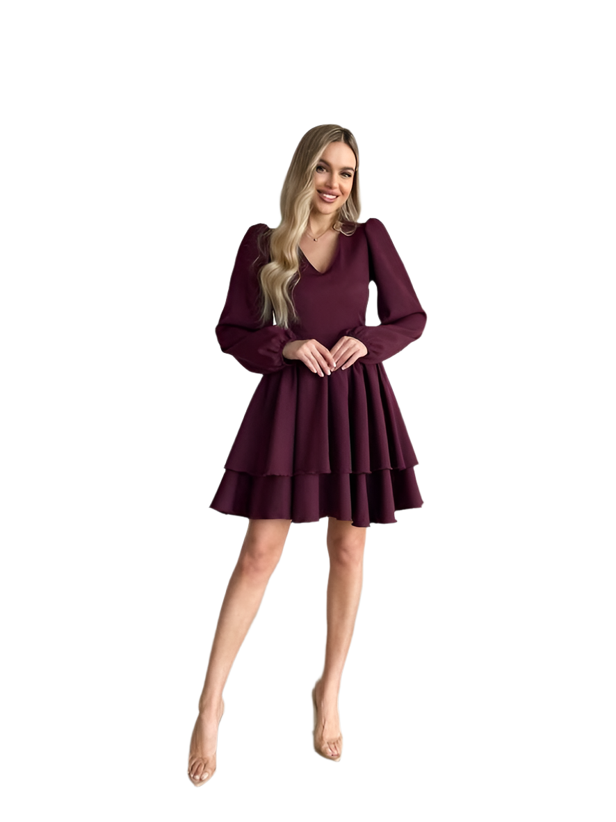 Elegant Burgundy Long Sleeve Layered Mini Dress