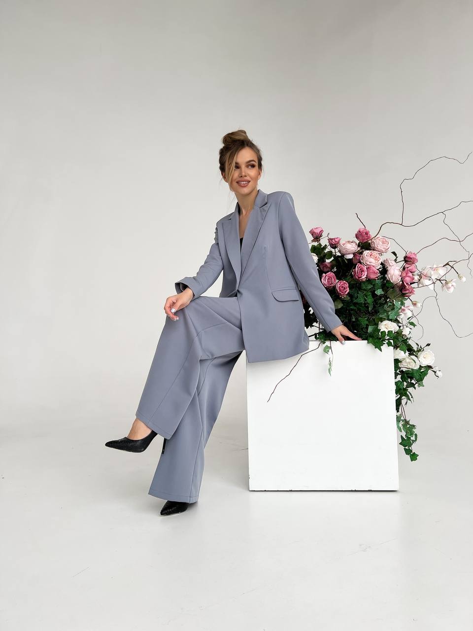 Gray Palazzo Suit Women Diagonal Crepe Tailored Blazer and Wide Leg Trousers