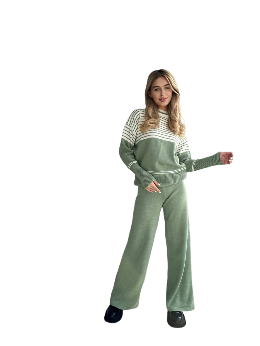 Womens Fine Knit Two-Piece Suit with Striped Pattern