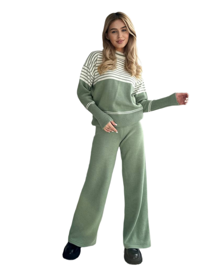 Womens Fine Knit Two-Piece Suit with Striped Pattern