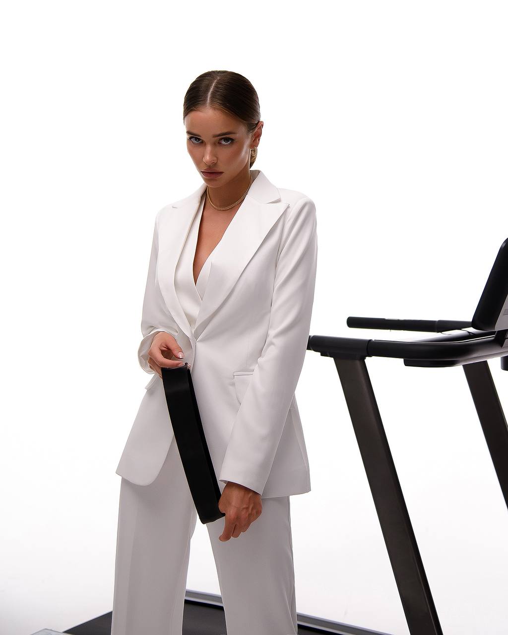 Womens Premium Diagonal Crepe Suit with Satin Collar in White