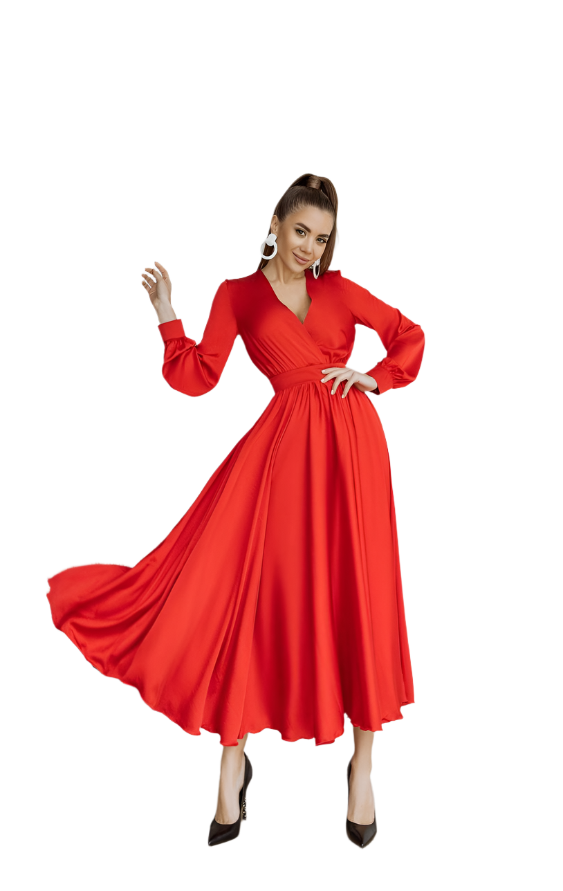 Elegant Red Silk Long Sleeve Dress for Women