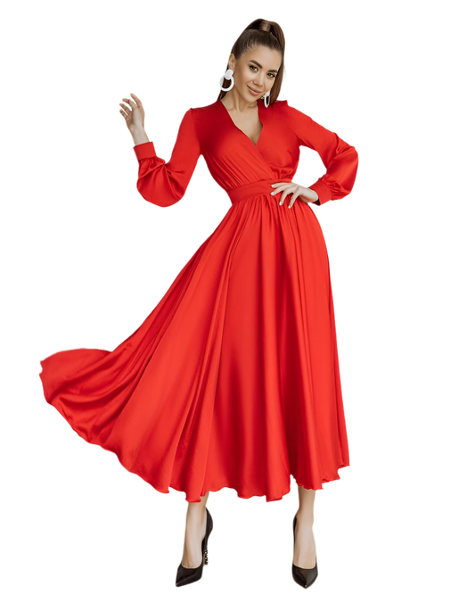 Elegant Red Silk Long Sleeve Dress for Women