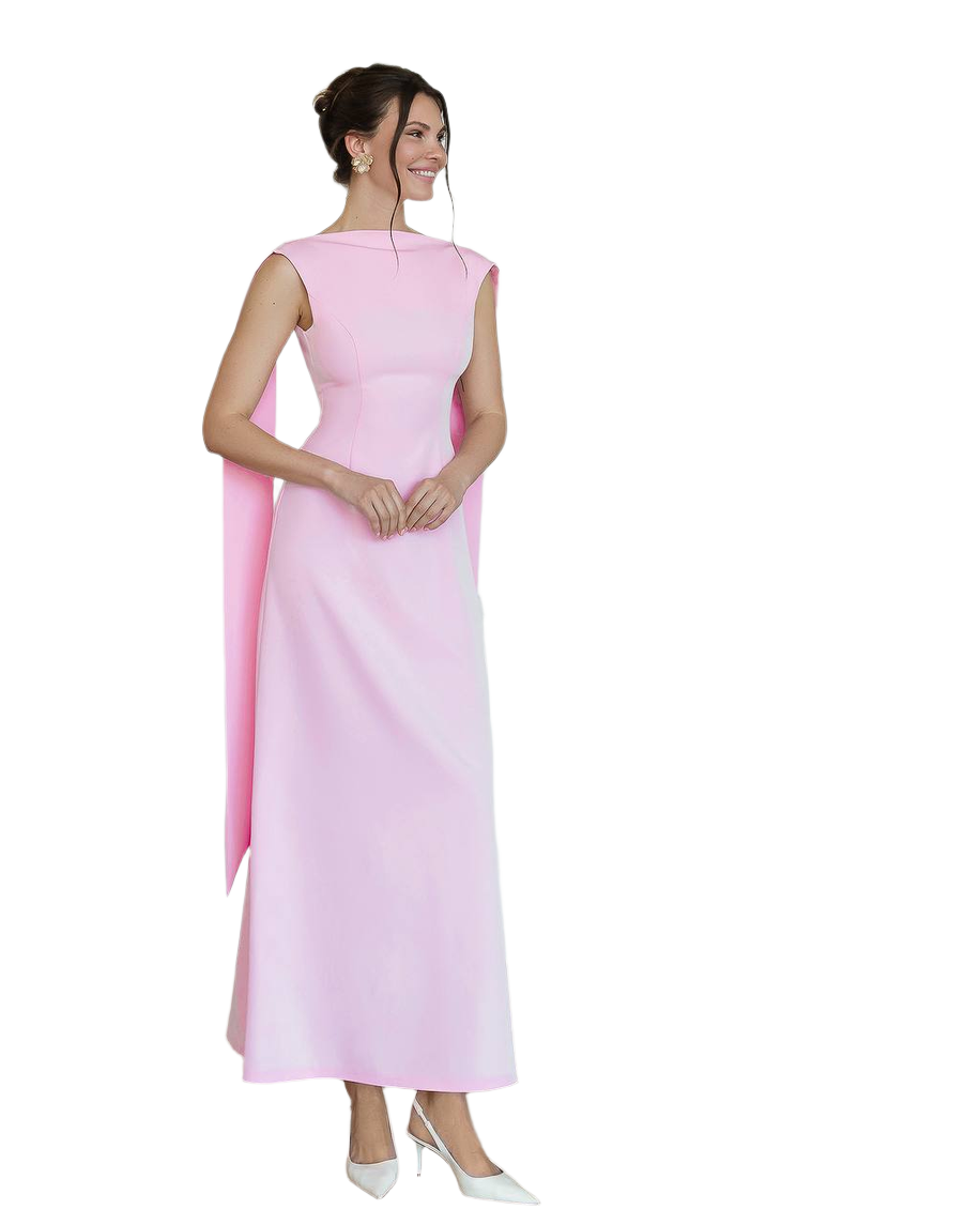 Woman wearing a pink evening gown on a white background