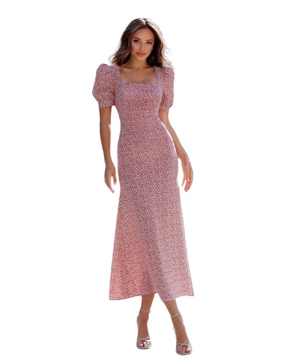 Women Floral Print Midi Dress with Puff Sleeves