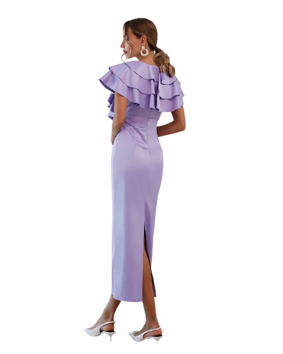 Woman wearing a lavender dress with ruffled shoulders on a white background