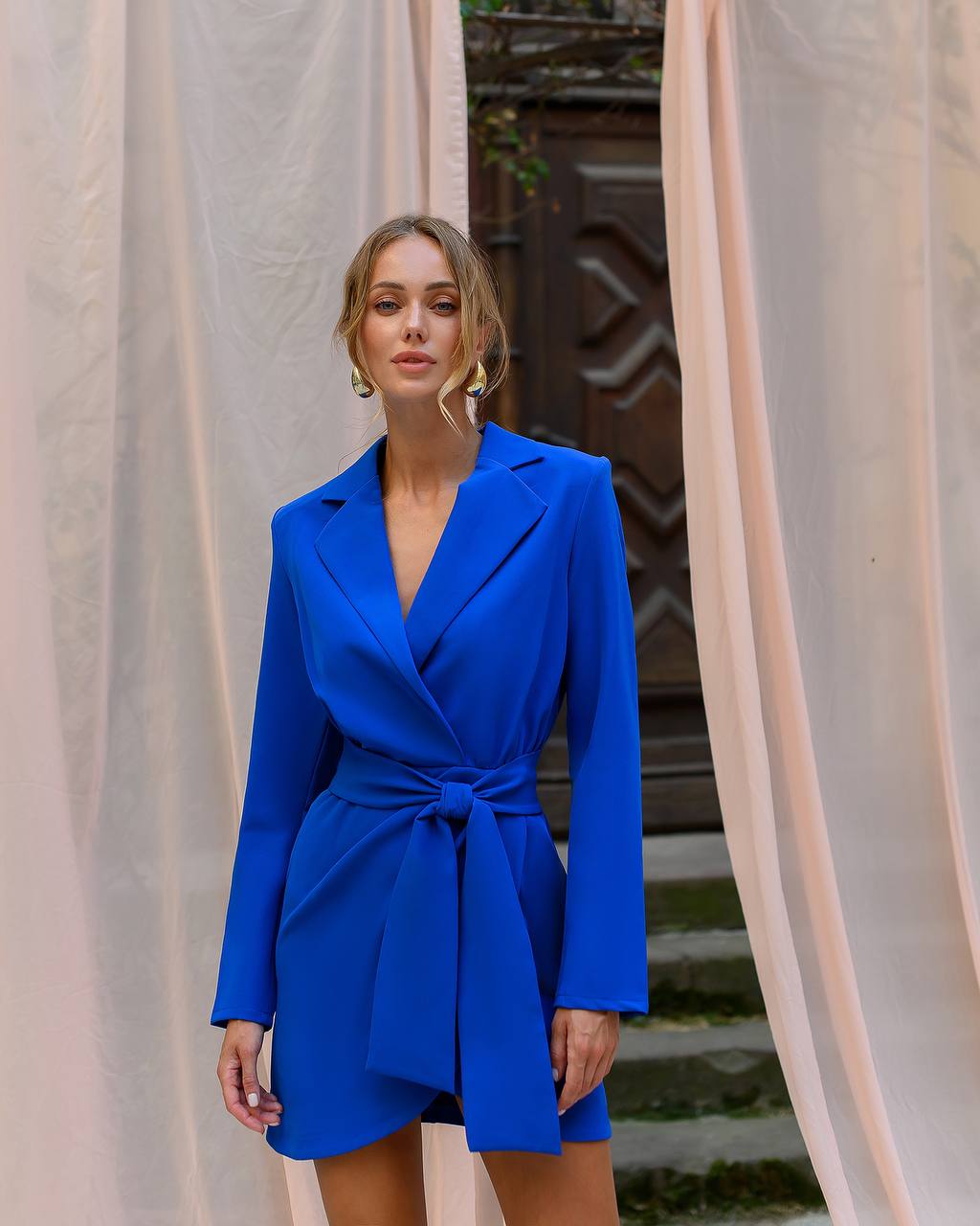 Elegant Women Suit Dress in Blue Premium Crepe Diagonal Fabric